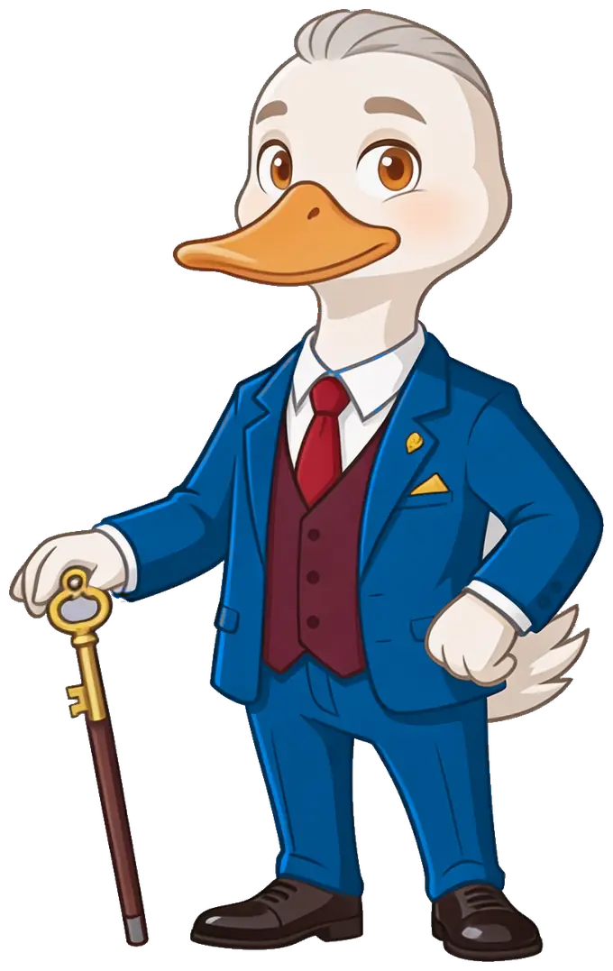 Monsieur Canard, la mascotte de Canard Immo, en costume trois-pièces, appuyé sur sa canne-clé