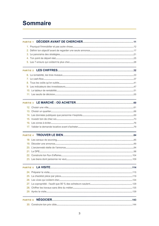 Sommaire de Acheter rentable, page 1 sur 3 : parties 1 à 6 : décider, les chiffres, le marché, trouver le bien, la visite, négocier.